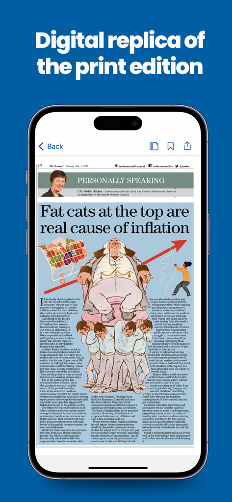 Stoke Sentinel-App, die eine digitale Nachbildung der gedruckten Zeitung auf einem Mobilgerät zeigt.