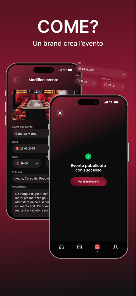 Animo Secret Club - Mobile app screens showing the process of a brand creating and successfully publishing a collaboration event