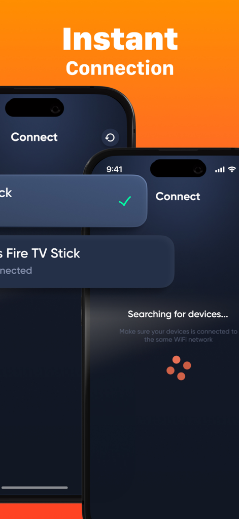 Firestick・Fire TV Remote Stick - Interface of the Firestick Remote app showing the instant connection and device searching screen on an iPhone.