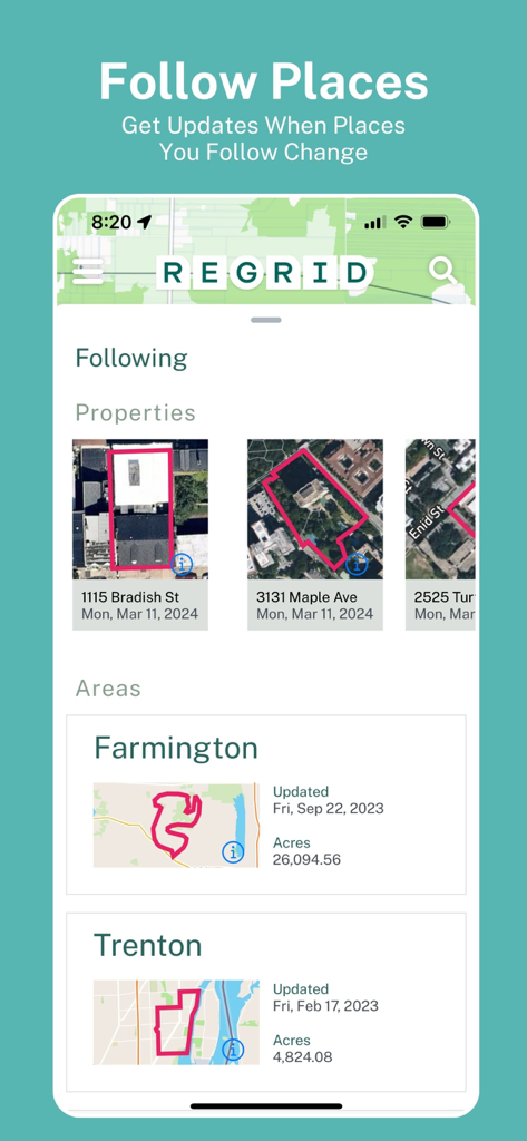Capture d'écran de l'application Regrid montrant les propriétés suivies et les zones de terrain avec des vues de carte satellite et des limites de parcelles.
