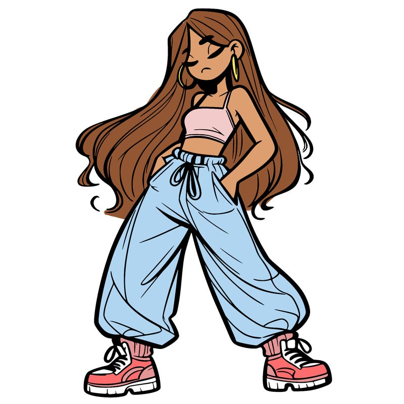 girl in baggy pants crop top and long hair