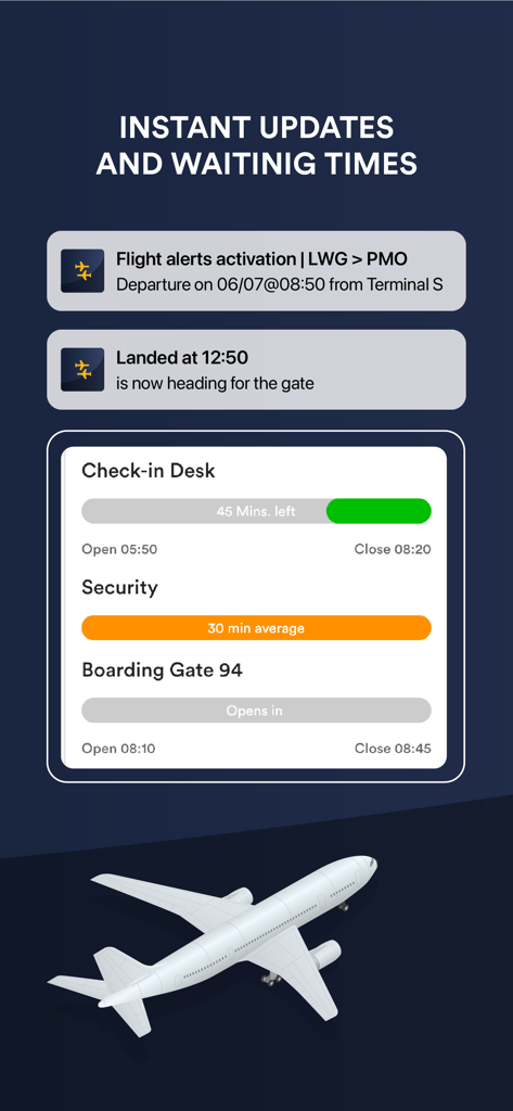 FLIO app screen showing real-time flight status updates and airport security wait times