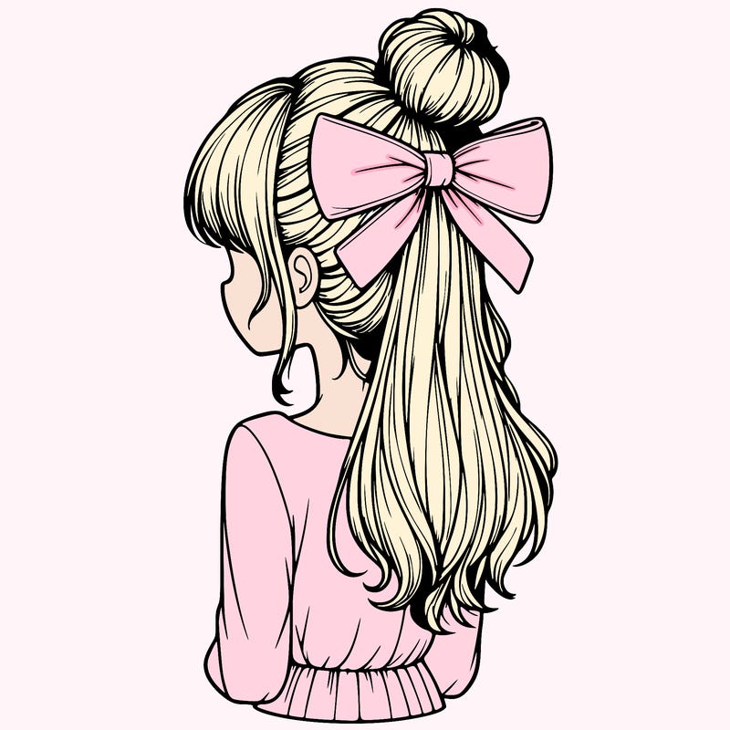 realistic girl  with hip length hair a bun and a big bow on the back of head