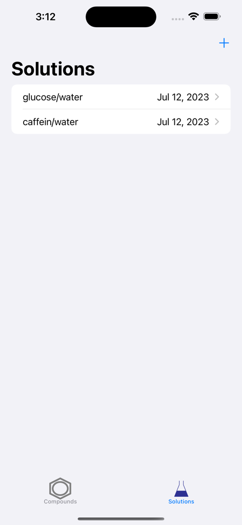 Search PubChem - Search PubChem app solutions screen displaying a list of saved chemical mixtures
