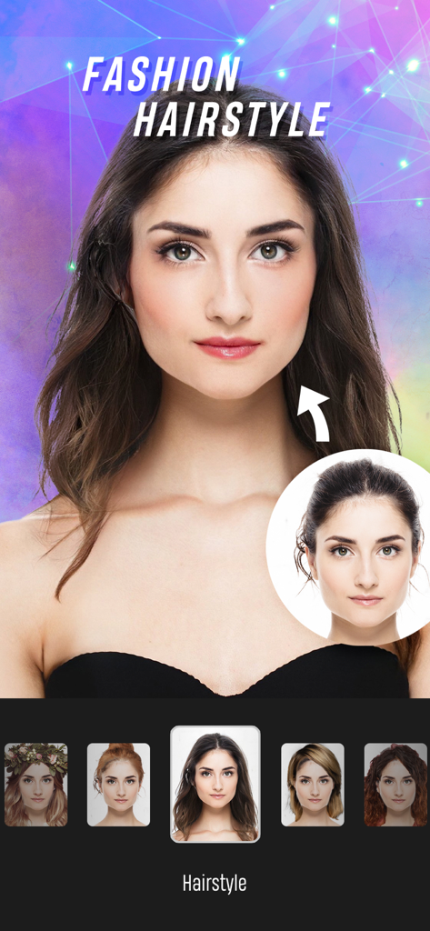 EasyArt:Photo Editor&Wallpaper - Une femme prévisualise différentes coiffures tendance à l'aide de l'application d'édition photo EasyArt.