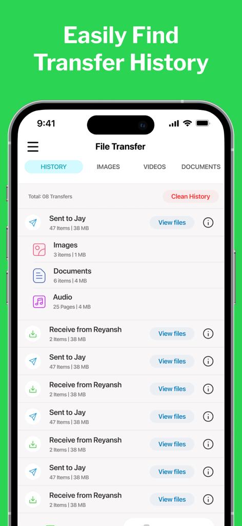 Clone Phone - Smart Switch - Interface of Clone Phone app displaying a list of completed data transfers with file counts and sizes