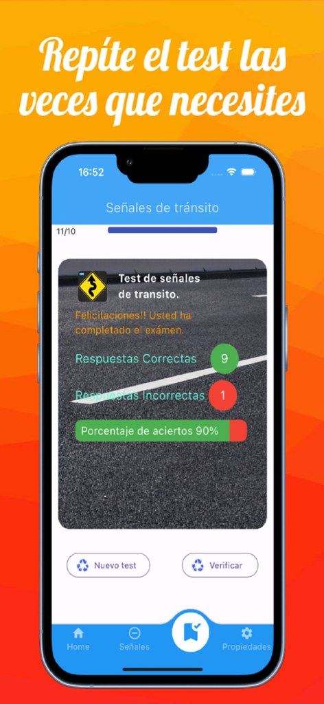 Señales de Transito - スペイン語での交通標識練習テストの結果が表示されたスマートフォン画面。90パーセントのスコアです。