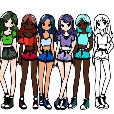 a group of girls wearing crop tops and shorts