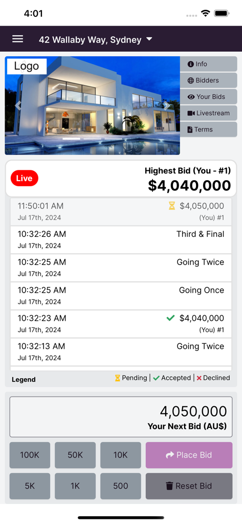 Live real estate auction interface on Bid Buy app showing a luxury property and bidding history.