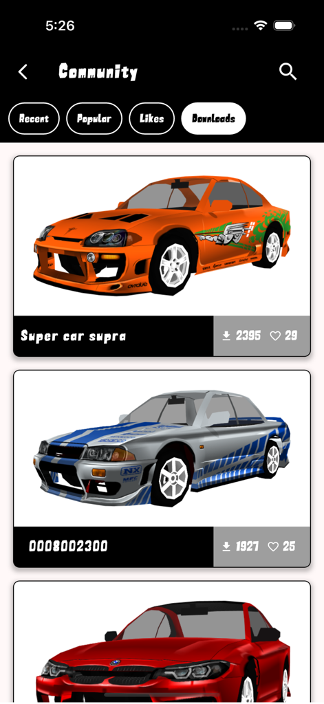 Skins for FR Legends - Tela da galeria da comunidade no aplicativo Skins para FR Legends mostrando liveries de carros personalizados, incluindo um Supra laranja e um carro de drift prateado