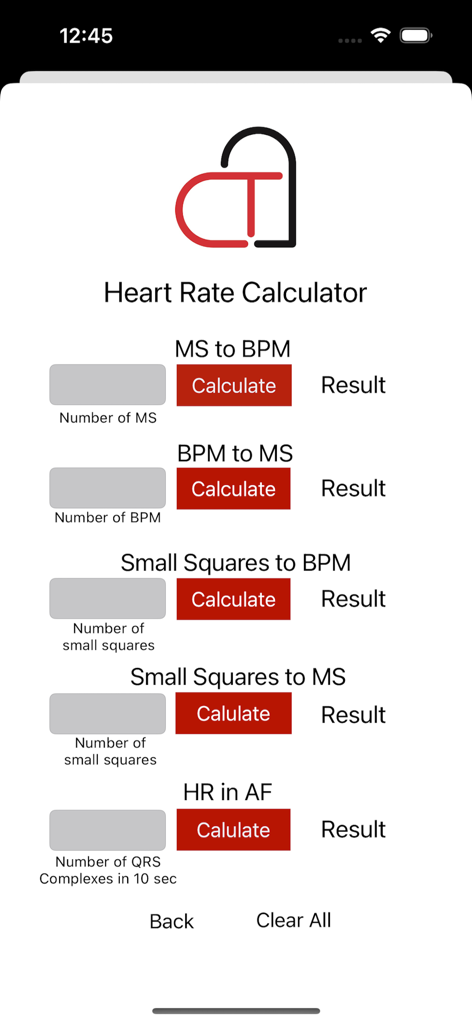 The Cardiac Calculator - Interface of the Heart Rate Calculator feature in The Cardiac Calculator app displaying clinical conversion tools for ECG measurements