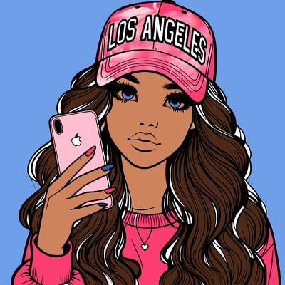 realistic beautiful girl wearing los ángeles cap holding an iphone