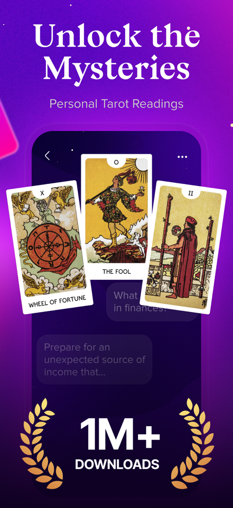Lumi: AI Tarot & Horoscope - Lumi AI Tarot app interface with personal readings and a one million downloads milestone
