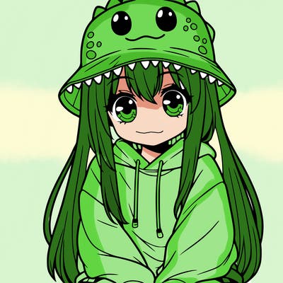 girl with anime shaped eyes with a dinosaur bucket hat oversized sweatshirt long straight hair