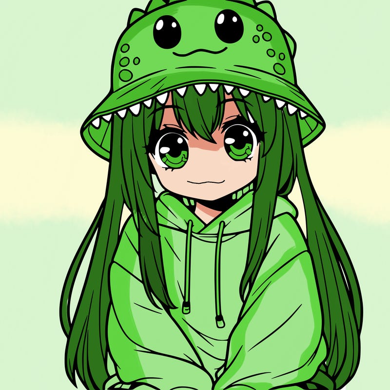girl with anime shaped eyes with a dinosaur bucket hat oversized sweatshirt long straight hair