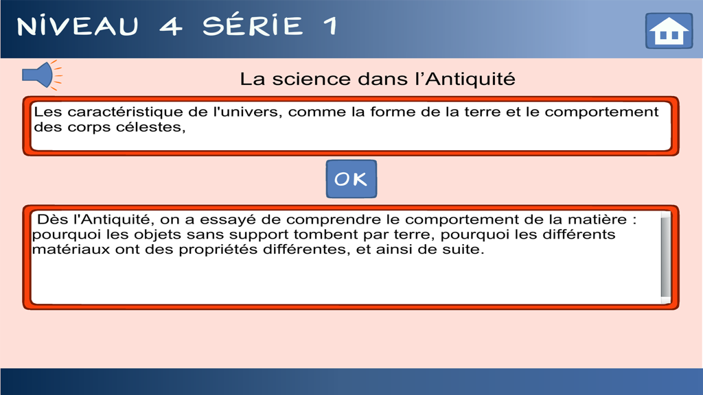 Meilleur en orthographe Lite - Meilleur en orthographeアプリのフランス語スペルディクテーション演習インターフェース。古代の科学に関するレベル4のテキストが表示されています。
