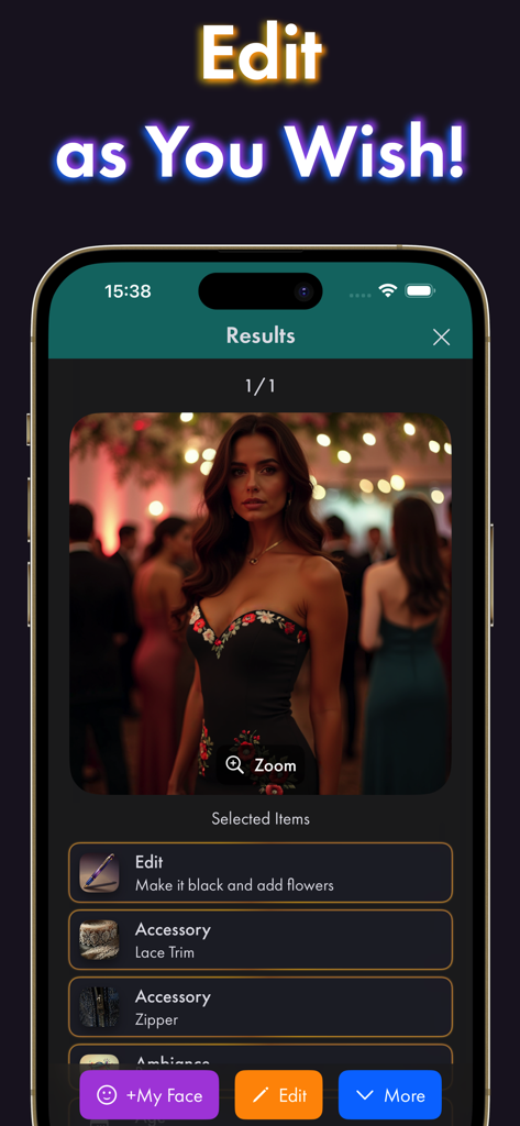 Fashion Mind: AI Designer - A screenshot of the Fashion Mind AI app showing an AI generated woman in a black floral dress with design editing options