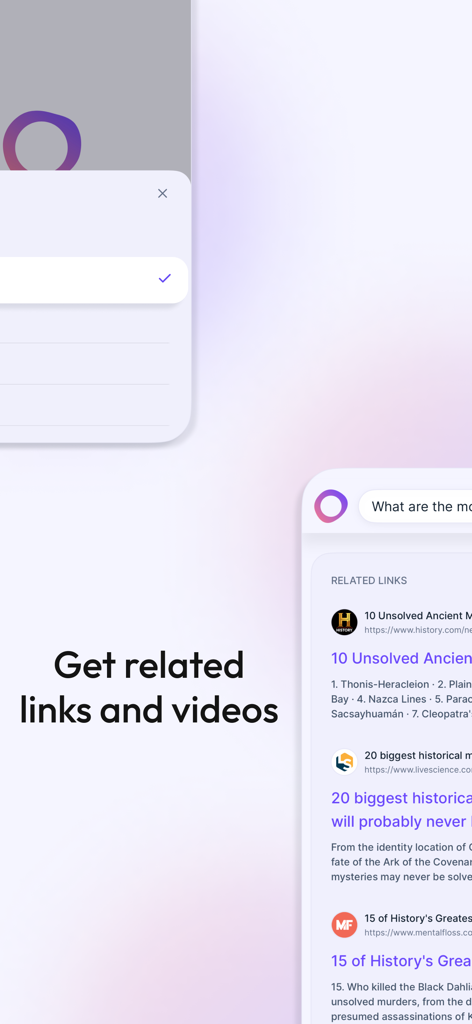 iAsk Ai - Ask AI (Unlimited) - Capture d'écran de l'application iAsk Ai mettant en évidence la fonction de liens et de vidéos associés pour les résultats de recherche