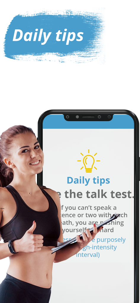Stretching & Flexibility - Stretching app screen showing daily tips with a fitness trainer