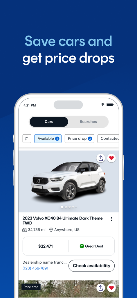 CarGurus: Used & New Cars - CarGurus mobile app interface showing a saved car listing with price information and a Great Deal rating badge.