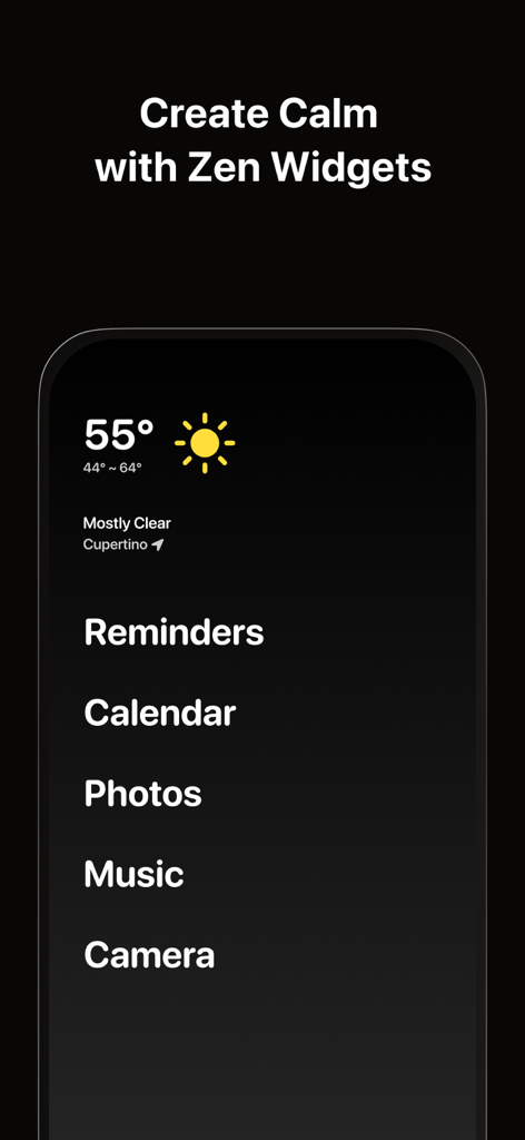 Pantalla de inicio minimalista negra de iPhone que muestra la función Zen de MD Widgets con clima y lista de aplicaciones