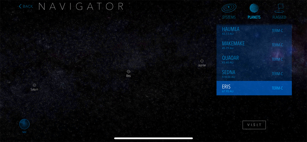 Navigator screen in Cosmic Atlas app showing a list of dwarf planets over a star map