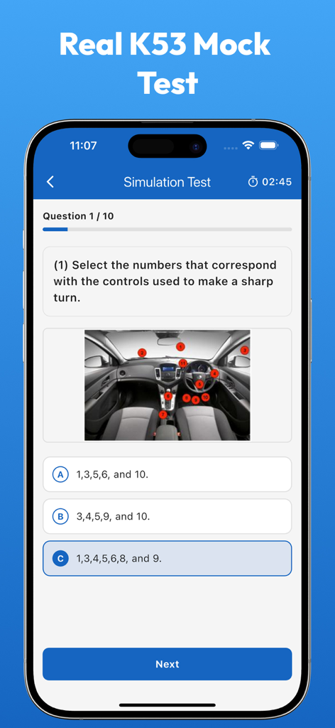 A screenshot of the K53 South Africa app showing a simulation mock test question with a car interior control diagram and multiple choice answers