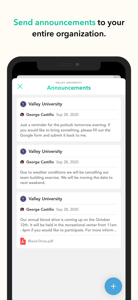 Ein mobiler Bildschirm mit organisatorischen Ankündigungen in der Pronto-App für eine Universität.