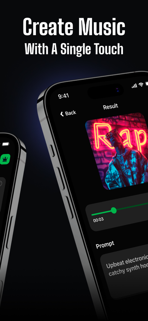 AI Music Generator app interface showing a rap track generated from a text prompt for a social media creator