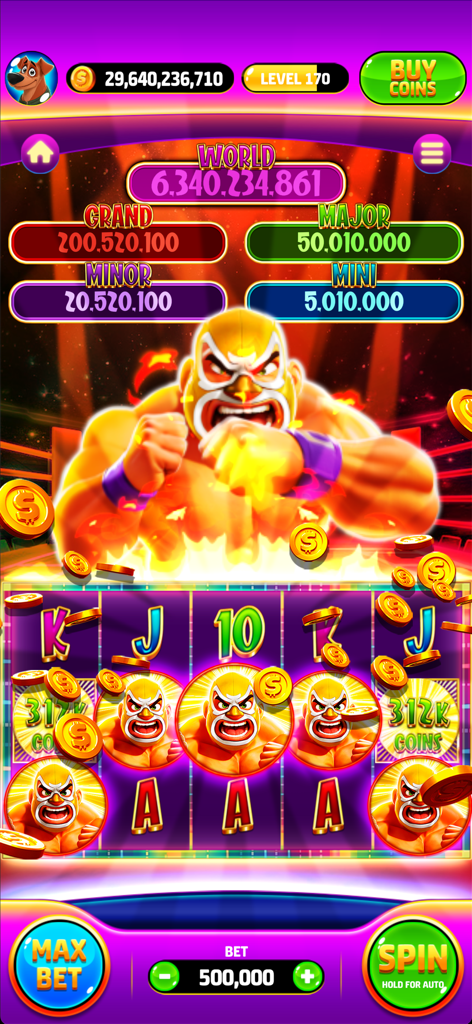 Slots World - Vegas Casino - Gameplay screenshot of Slots World Vegas Casino featuring a Lucha Libre wrestling theme with a Luchador character and multiple jackpots