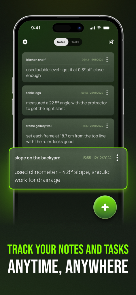 Level Tool: Bubble Leveler Pro - Bubble Leveler Pro app interface showing notes and tasks for DIY project measurements