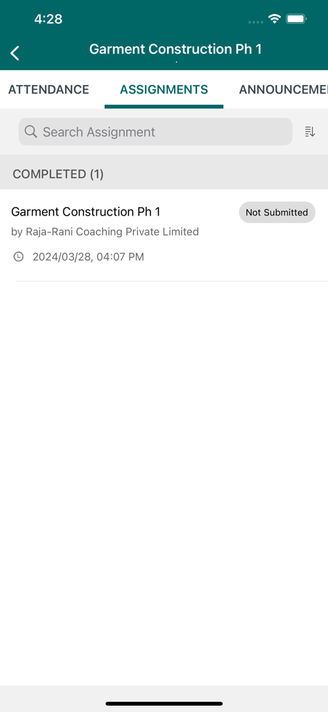Raja-Rani Coaching - Assignments dashboard for garment construction course in the Raja Rani Coaching app