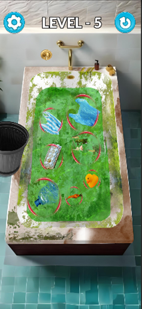 Satisfying Home Deep Cleaning - Uma captura de tela mostrando uma banheira suja cheia de lodo verde e lixo flutuante para ser limpa no nível 5 de um jogo satisfatório de limpeza doméstica