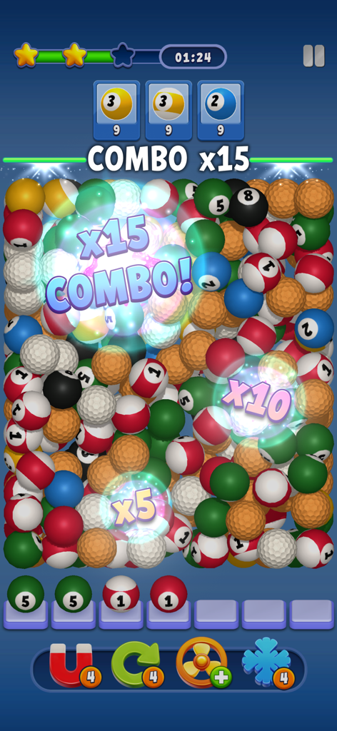 Match Manor - 3D triple match gameplay in Match Manor featuring a high combo multiplier and a pile of colorful billiard and golf balls