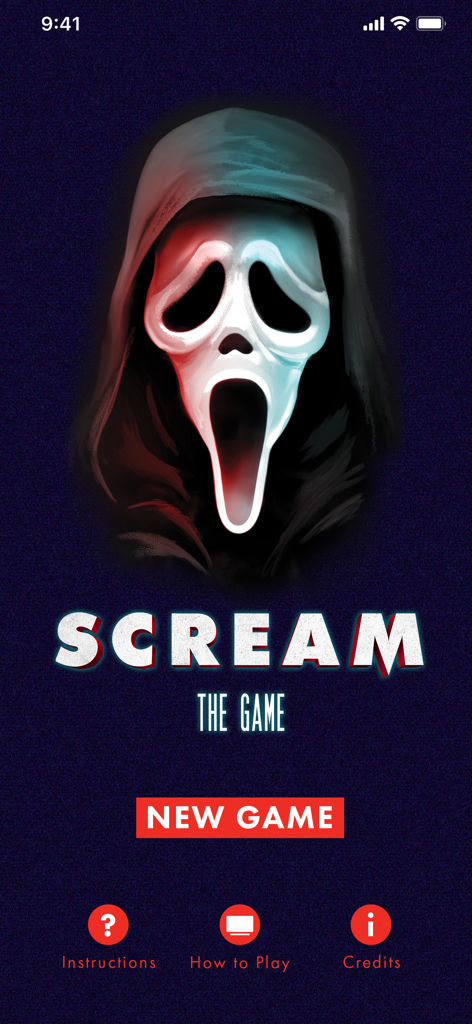 Scream The Game - Main menu of the Scream The Game mobile app showing the Ghost Face mask and a New Game button.