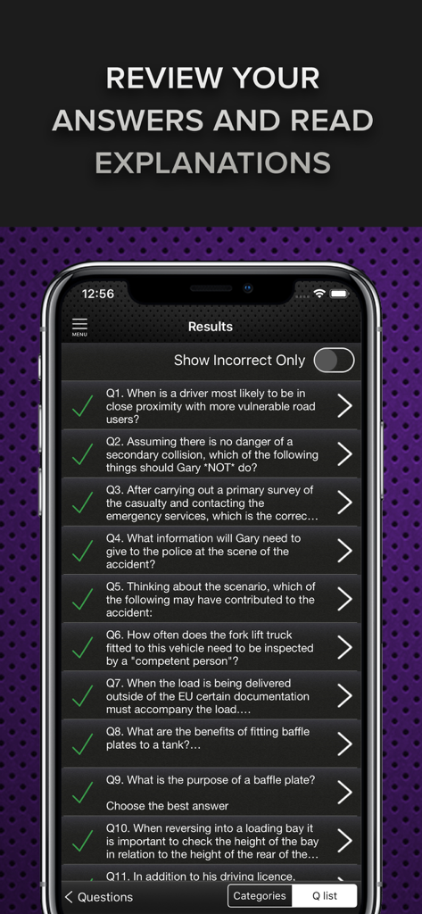 Driver CPC Case Studies Test - Smartphone screen showing mock test results and correct answer checkmarks in the Driver CPC app