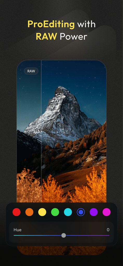 Evoto-AI Photo Editor&Retouch - Evoto-AIモバイルアプリのインターフェース。HSLカラーコントロールと色相スライダーを備えたプロ仕様のRAW風景写真編集を表示