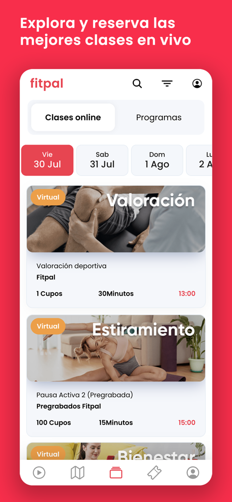 Fitpal. - Interfaz de la aplicación móvil Fitpal que muestra una lista de clases de fitness en línea y un calendario de reservas