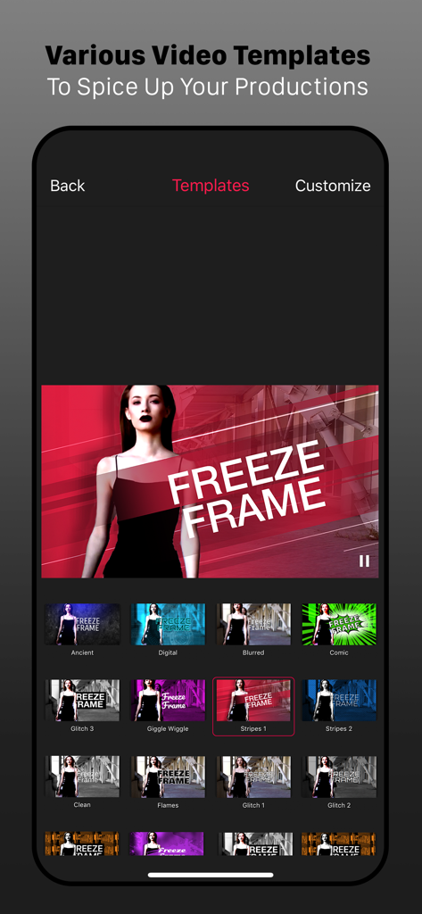 Freeze Frame Intro Movie Maker - Uma variedade de templates de freeze frame de vídeo na interface do aplicativo móvel.
