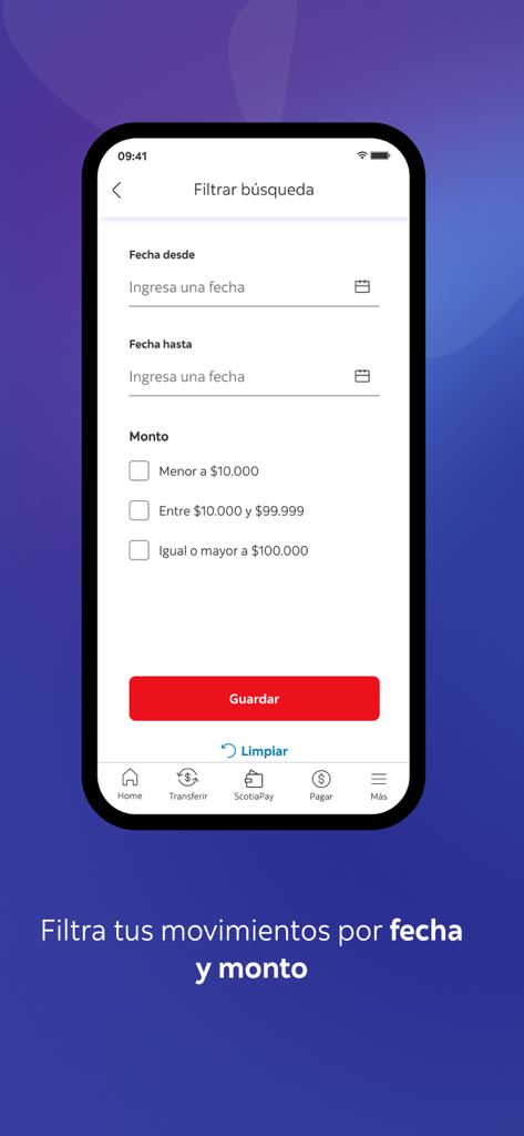 App Scotia - Interface do aplicativo móvel Scotia GO mostrando opções para filtrar transações bancárias por data e valor