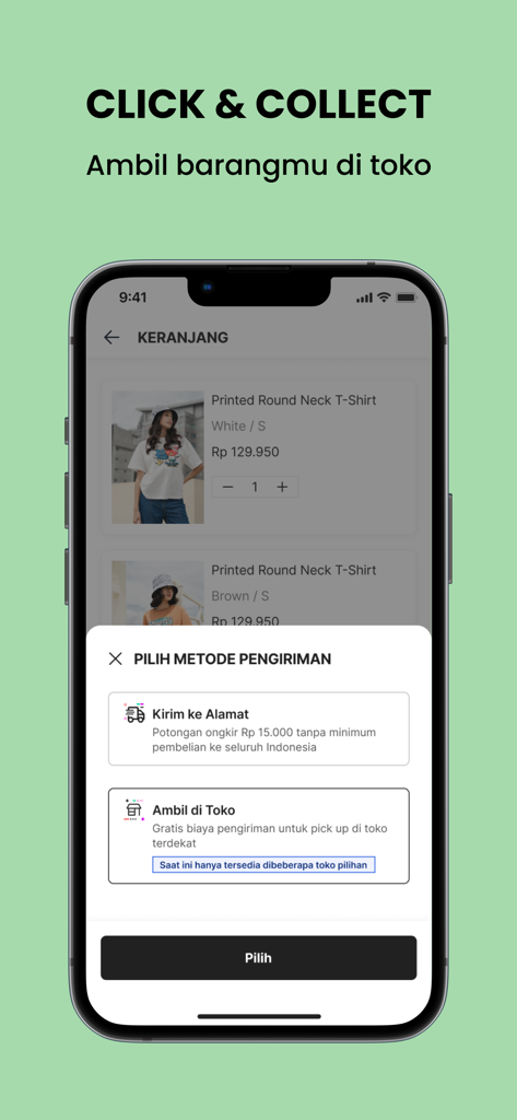 패션 쇼핑 카트에 대한 배송 및 매장 픽업 옵션을 보여주는 Colorbox 모바일 앱 인터페이스.