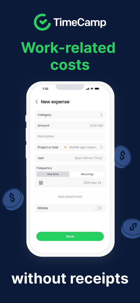 Interfaz de la aplicación móvil TimeCamp mostrando un formulario de entrada de gastos nuevo con detalles de monto y proyecto