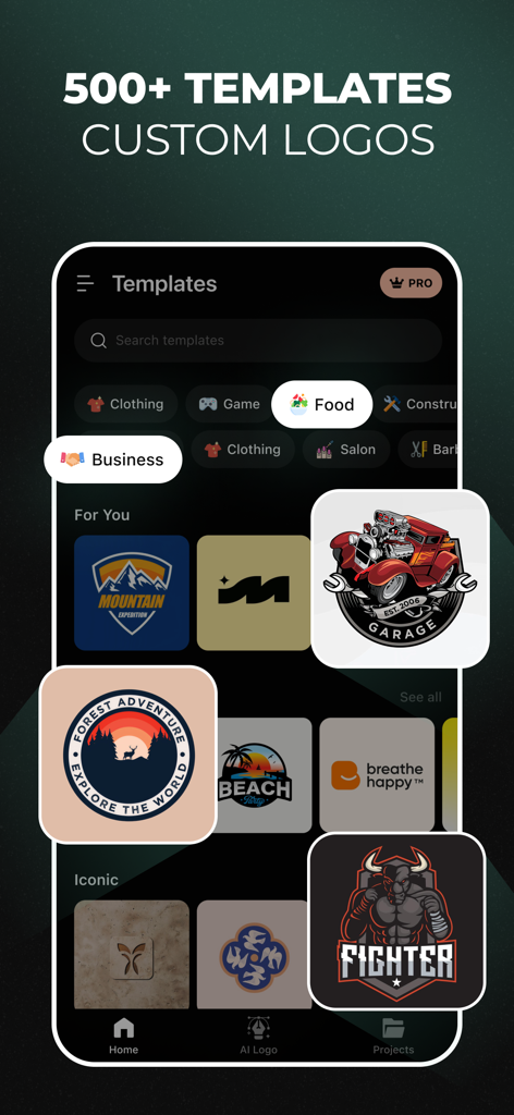 LookA AI app interface displaying custom logo templates for business food and gaming niches