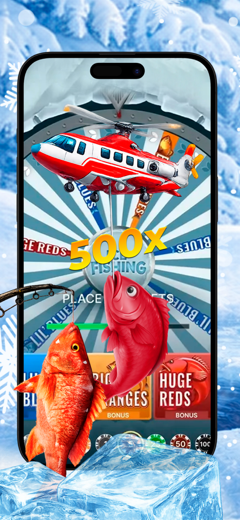Ice Stack - Captura de pantalla de un móvil de la aplicación Ice Stack mostrando un juego de pesca en hielo con temática invernal con un helicóptero, un gran pez rojo y un multiplicador de ganancias de 500x.
