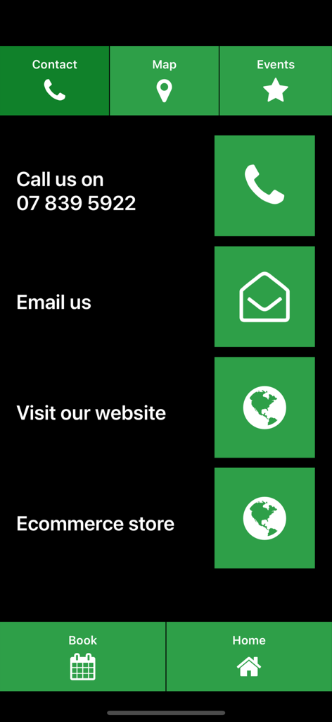 Masse - Contact screen of the Masse billiards club app with options for calling, emailing, and visiting the website or store.