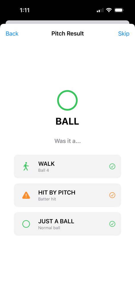 Baseball Speed - Baseball Speedアプリの投球結果選択画面。ウォークとデッドボールの結果を追跡するためのオプションが表示されます。