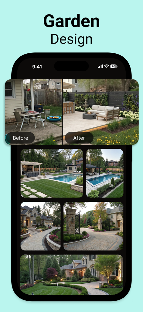 Interior AI - Home Designer AI - Interior AI App-Oberfläche, die einen Vorher-Nachher-Vergleich einer Gartensanierung und Landschaftsideen zeigt