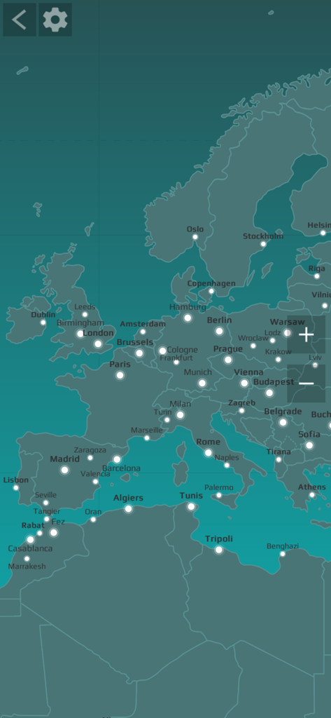 Carte interactive de l'Europe montrant les grandes villes dans l'application World Map Quiz