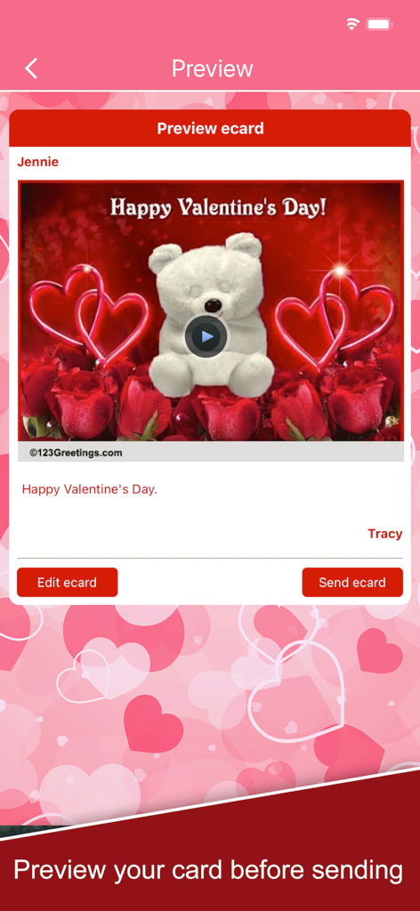 Mobile app preview of a Valentine's Day eCard featuring a white teddy bear and red roses