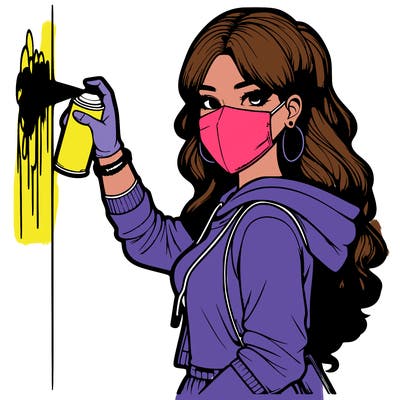 realistic girl with mask spray painting a wall